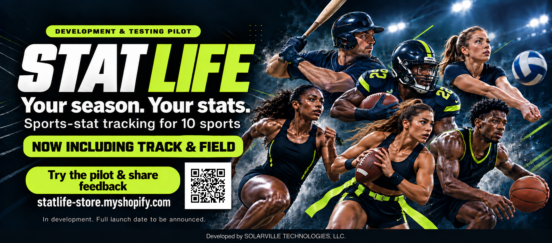 STAT LIFE adult sports journal flyer showing a woman playing flag football with visible waist flags and a man with a football, plus a QR code for the STAT LIFE Shopify website